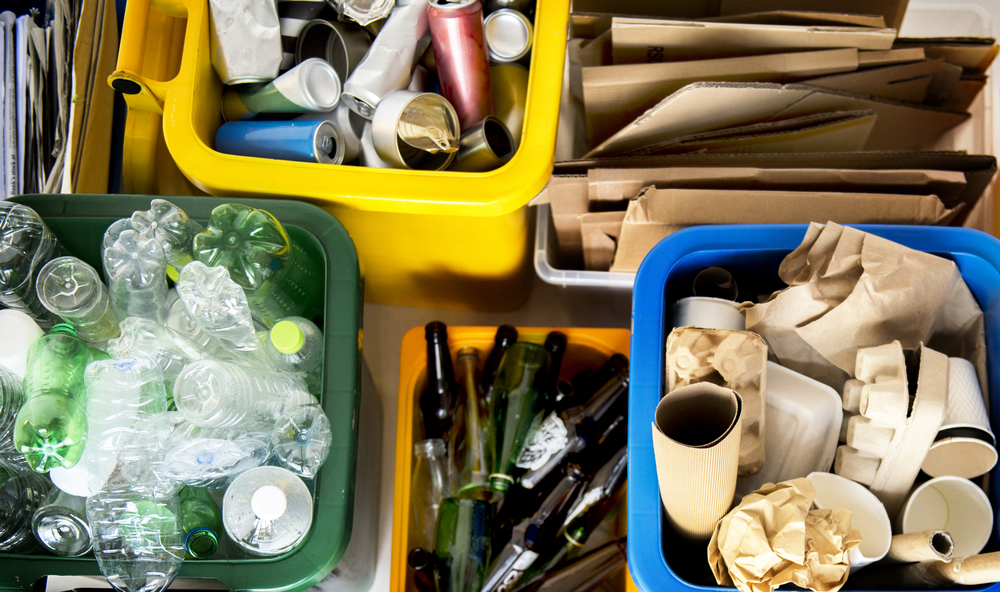 Boxes of different sorted recyclable materials
