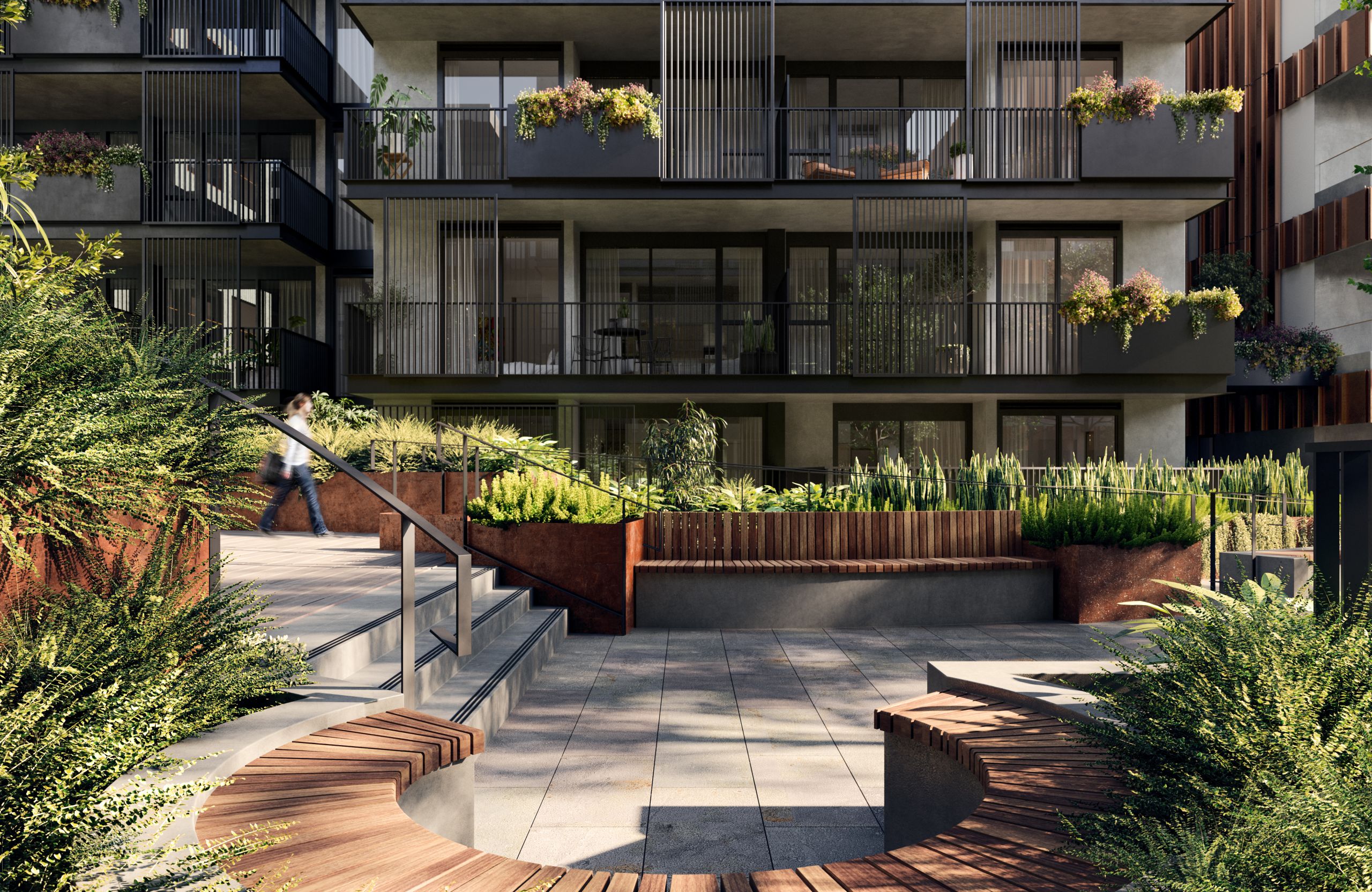 GabrielSaunders_EBV_Lot-4_Courtyard-2 a rendered photo of the courtyard at east brunswick village